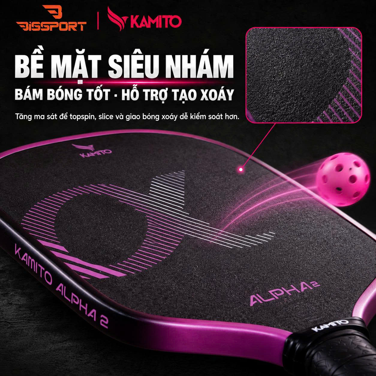 Vợt Pickleball Kamito Alpha 2 Hồng Chính Hãng - Nhẹ Tay - Kiểm Soát Đường Bóng - Mặt Carbon Fiber Nhám
